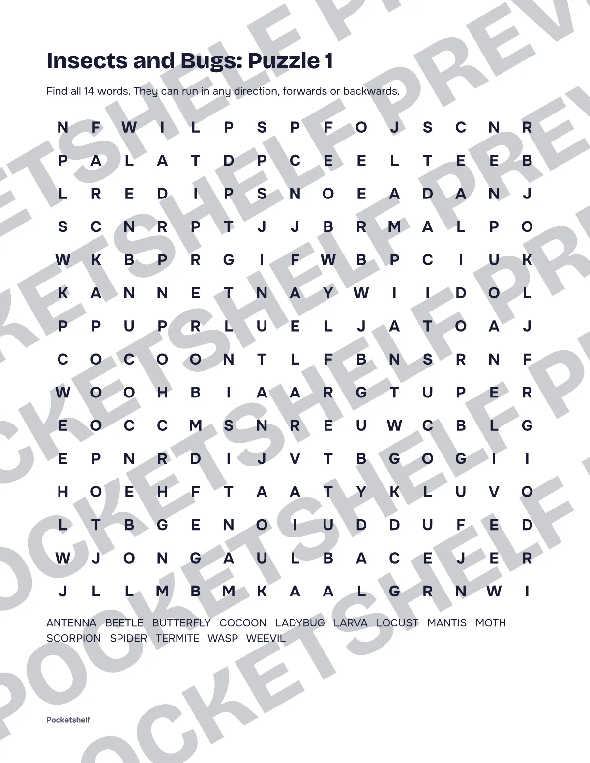 Word search puzzle 1 about insects and bugs with a 15 by 15 letter grid
