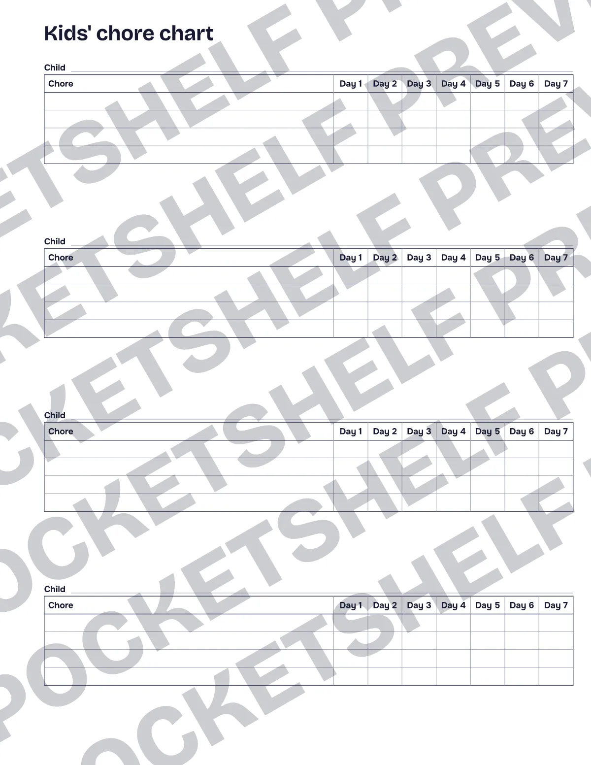 A kids' chore chart for four children with a seven-day grid