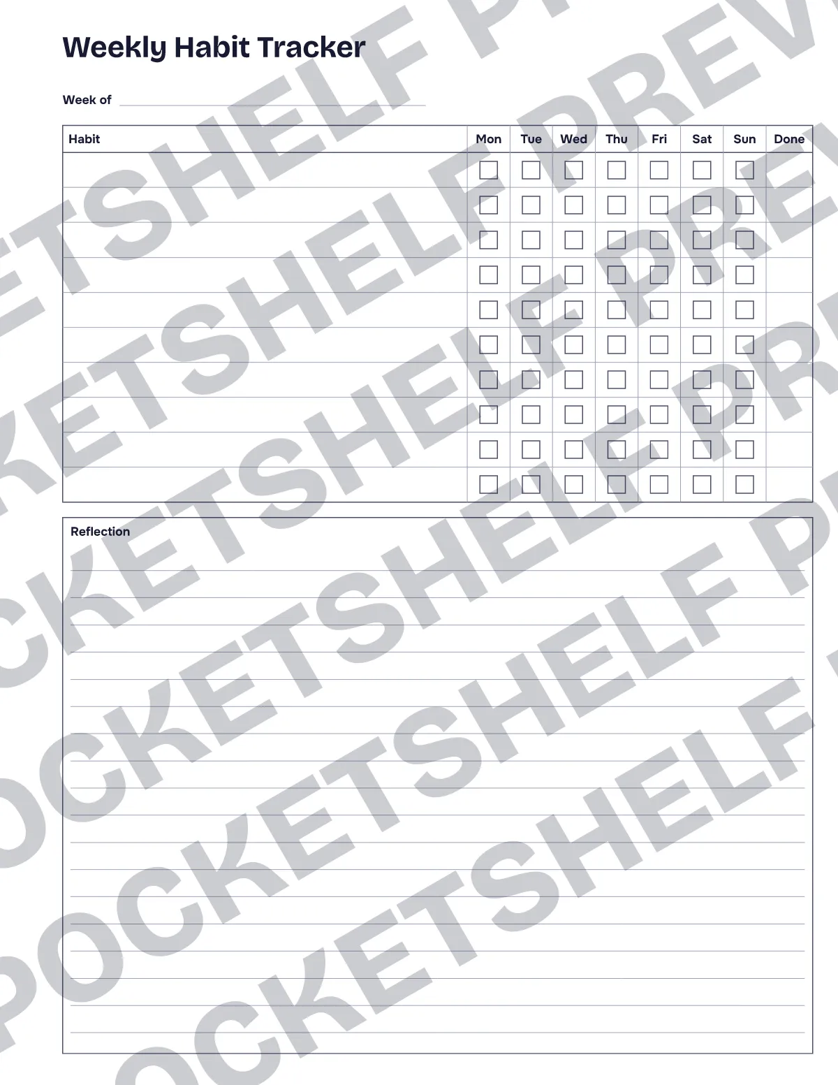 A weekly habit page with ten rows, seven tick boxes each and a reflection box