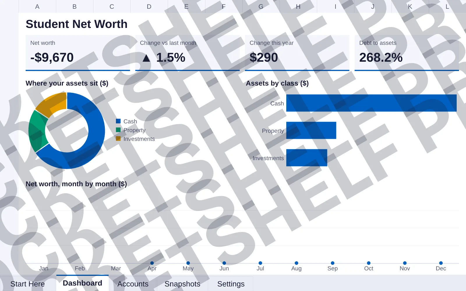 Dashboard tab: Net worth -$9,670, Change vs last month ▲ 1.5%, Change this year $290, Debt to assets 268.2%; doughnut chart of Where your assets sit ($); bar chart of Assets by class ($); line...