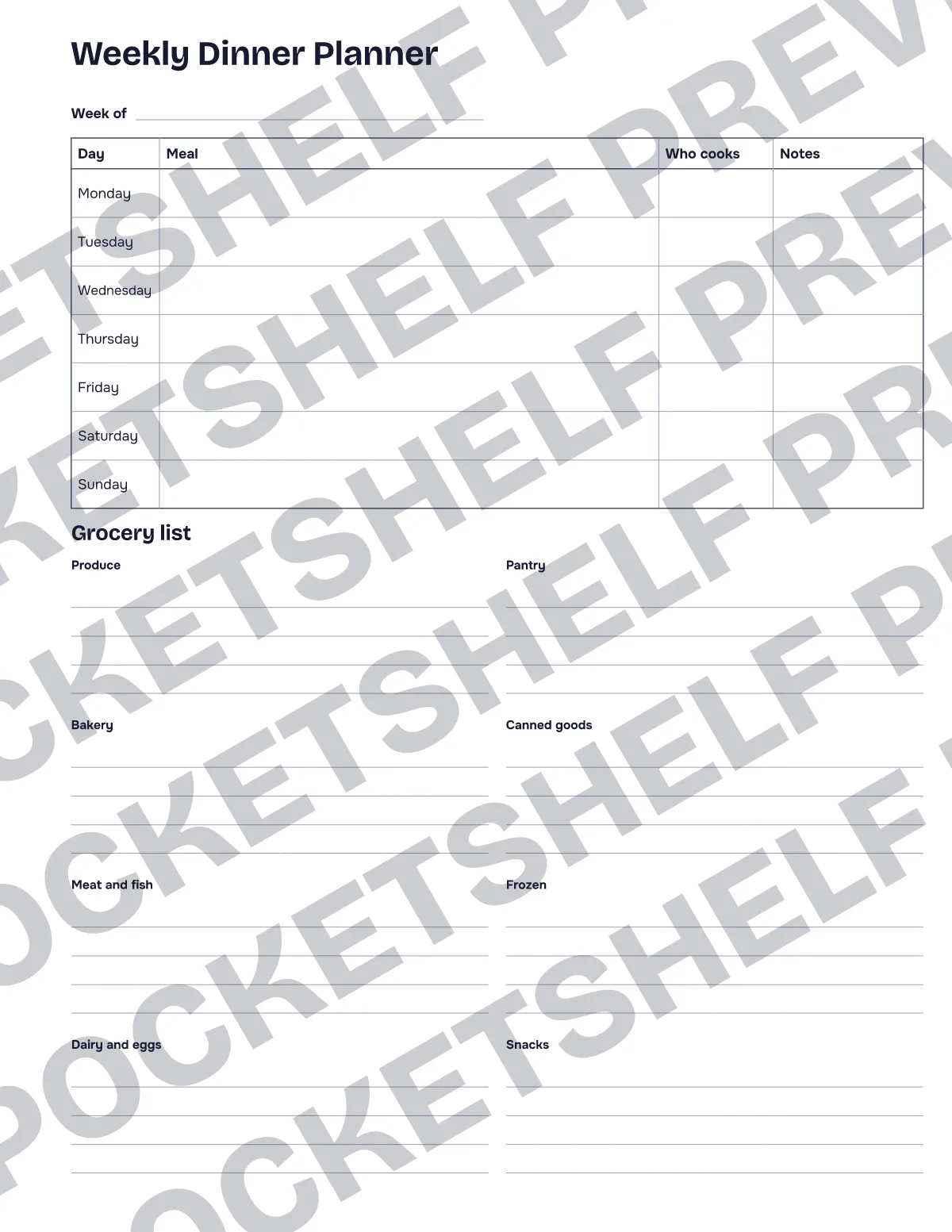 Seven dinner rows with Meal, Who cooks and Notes columns above a grocery list by store section