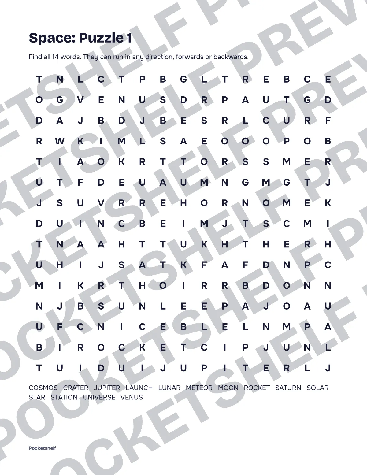 Word search puzzle 1 about space and astronomy with a 15 by 15 letter grid