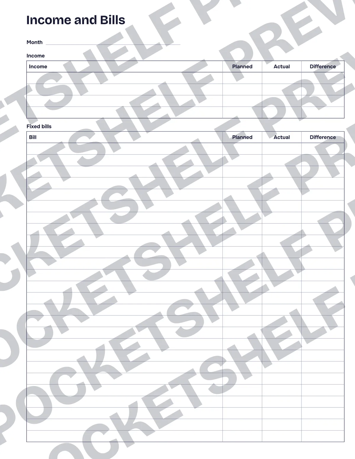An income and fixed bills page with planned, actual and difference columns