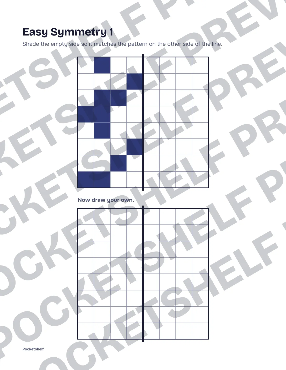 Easy symmetry drawing page number 1 with an 8 by 8 grid and the left half shaded in part
