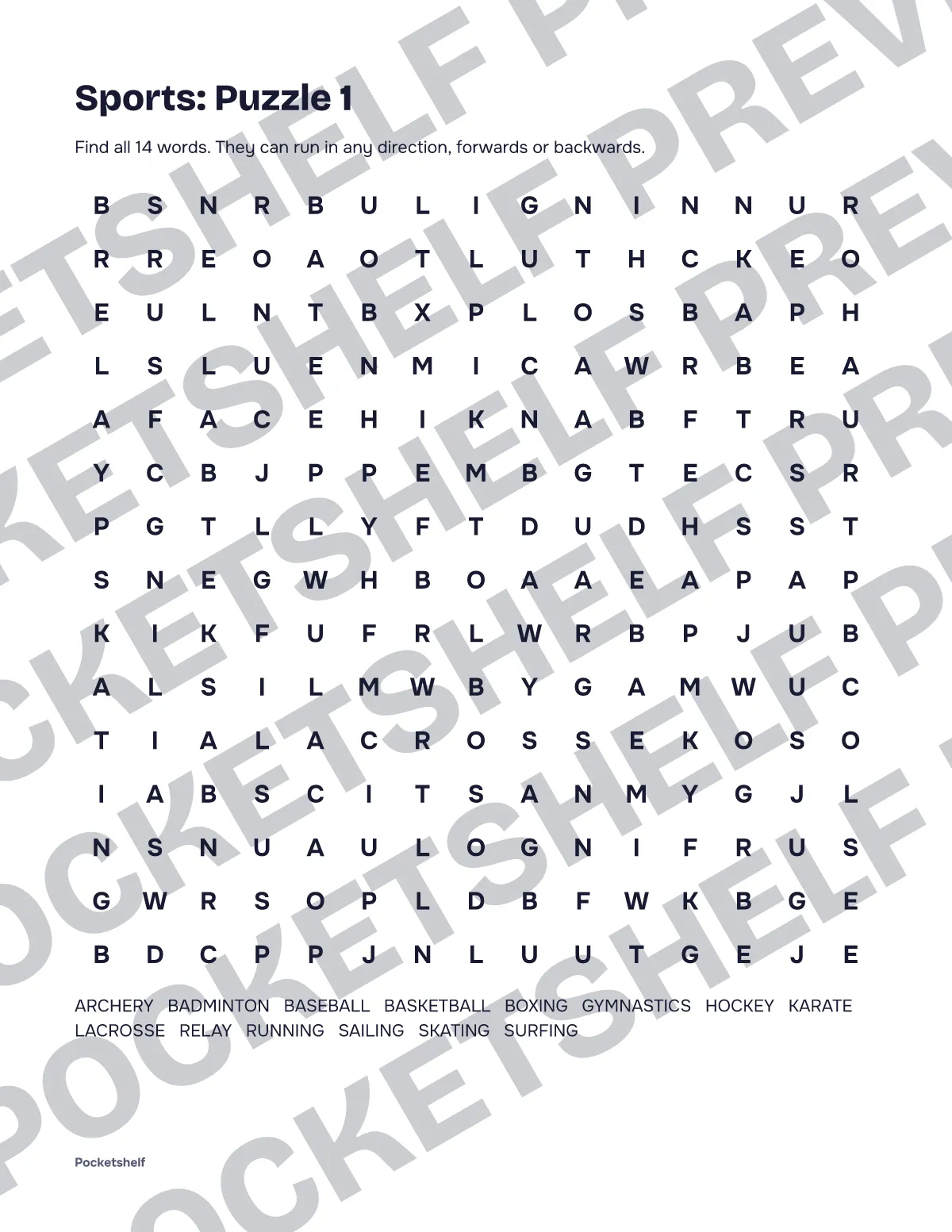 Word search puzzle 1 about sports with a 15 by 15 letter grid