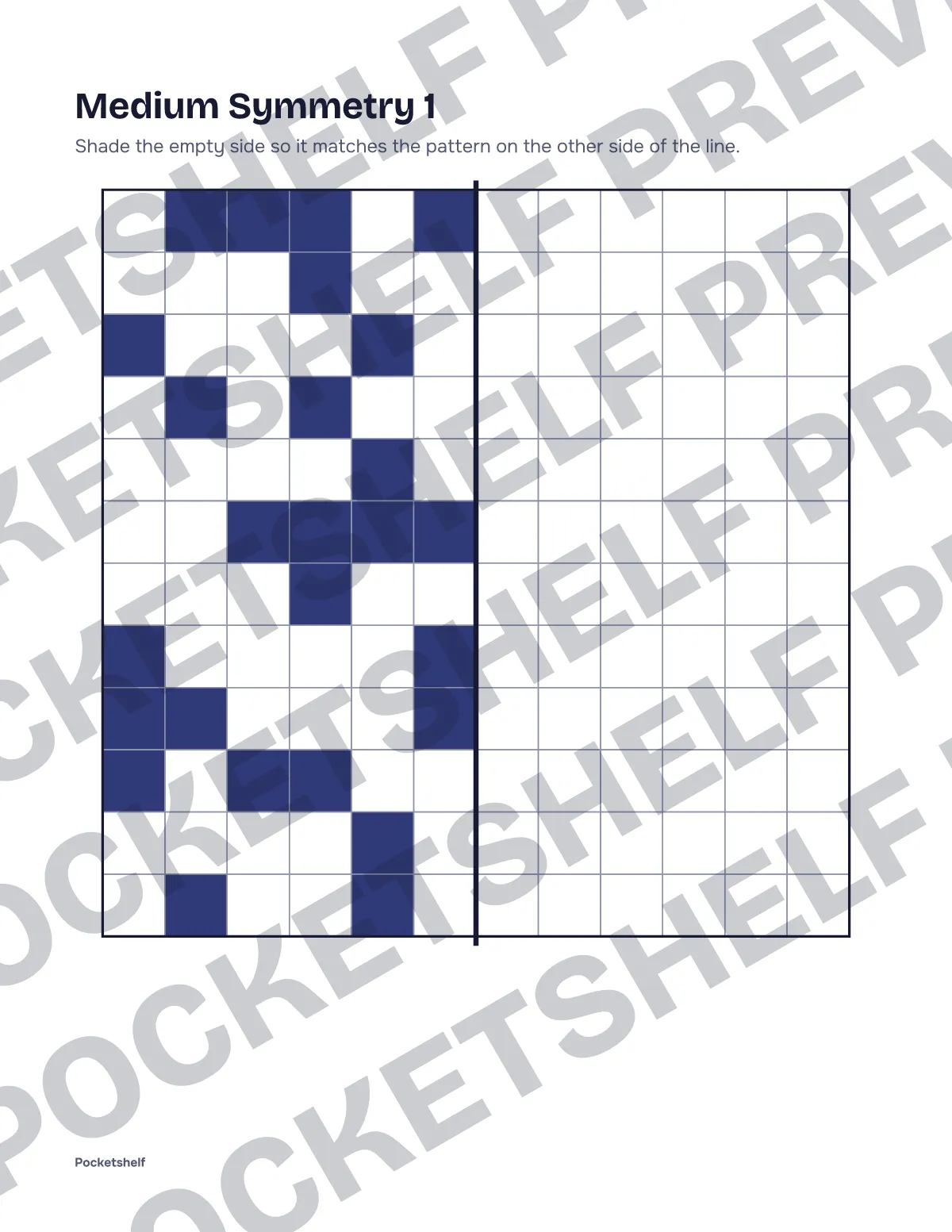 Medium symmetry drawing page number 1 with a 12 by 12 grid and the left half shaded in part