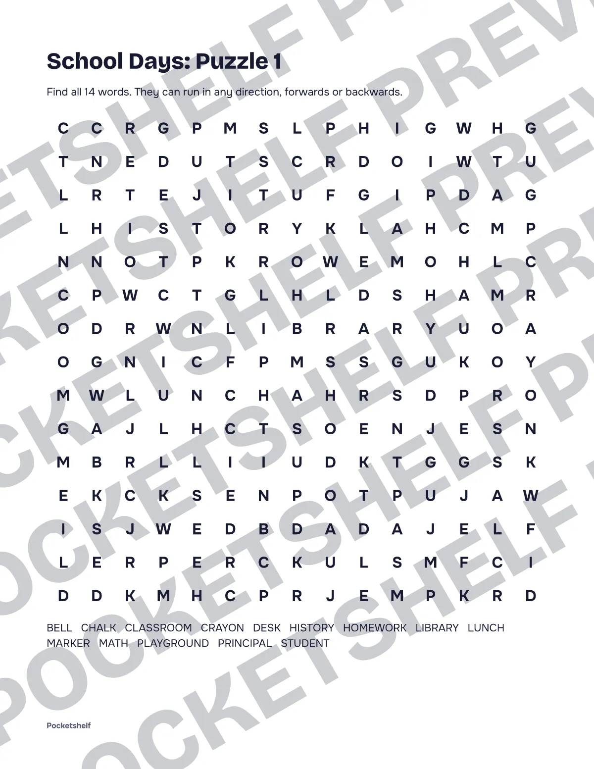Word search puzzle 1 about school life with a 15 by 15 letter grid