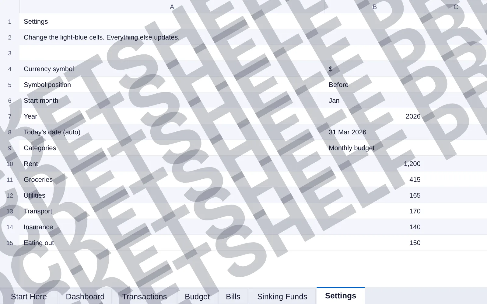 Settings tab: Currency symbol, Symbol position, Start month, Year and more.