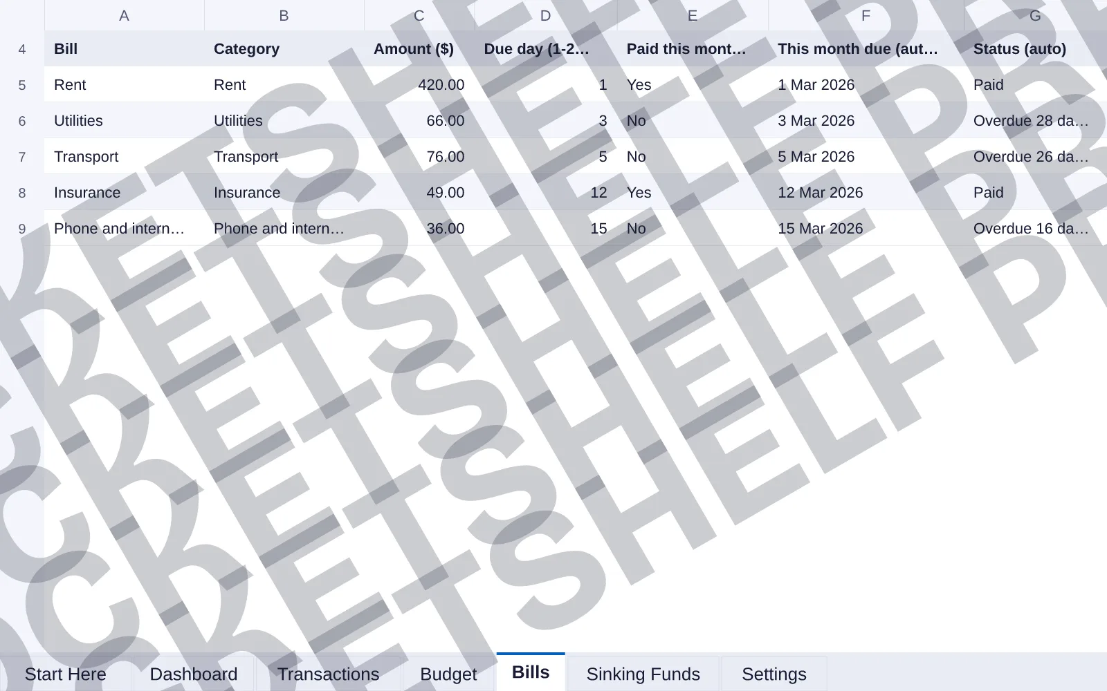 Bills tab: columns Bill, Category, Amount ($), Due day (1-28), Paid this month?, This month due (auto), Status (auto); 5 sample rows.