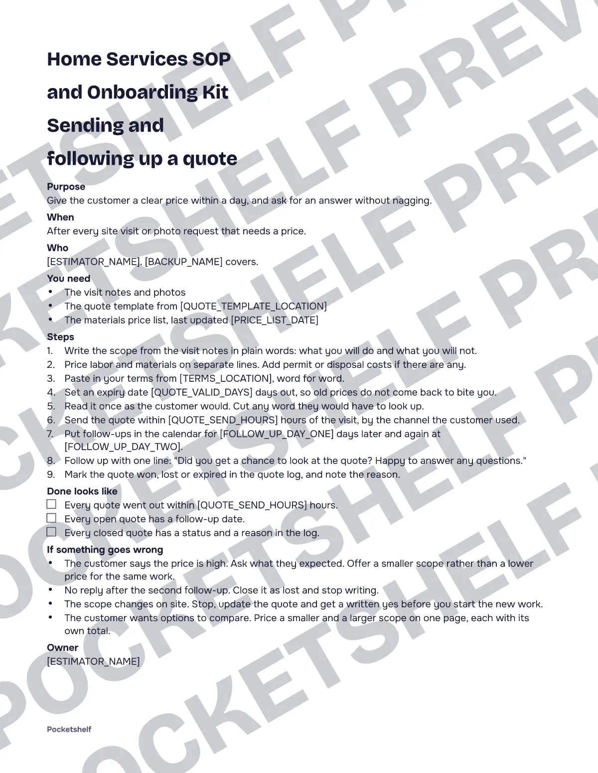 Home services SOP kit page showing a quote follow-up procedure with numbered steps
