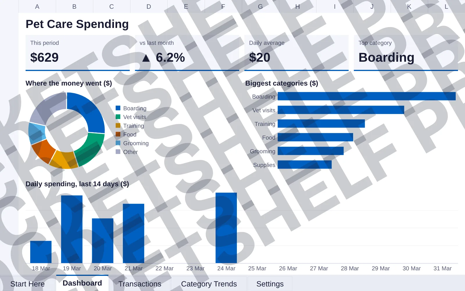 Dashboard tab: This period $629, vs last month ▲ 6.2%, Daily average $20, Top category Boarding; doughnut chart of Where the money went ($); bar chart of Biggest categories ($); column chart of...