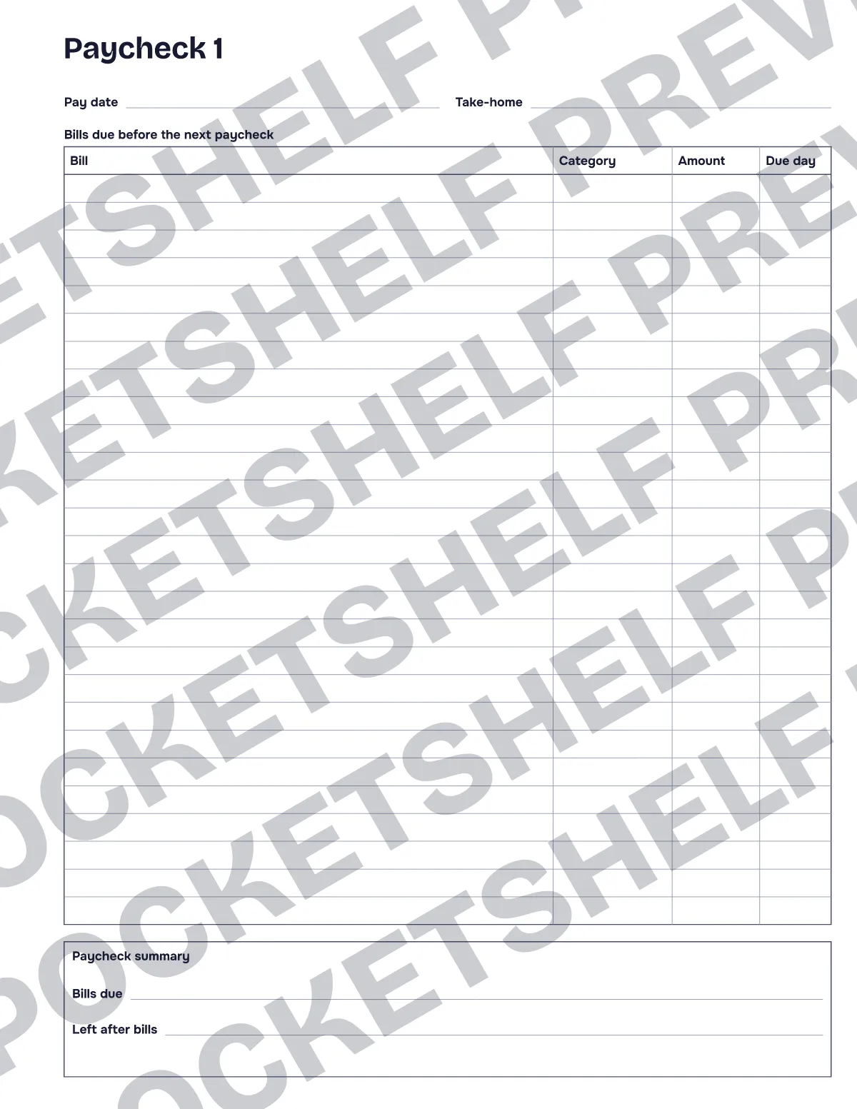 A paycheck page with a bill list and a Left after bills box