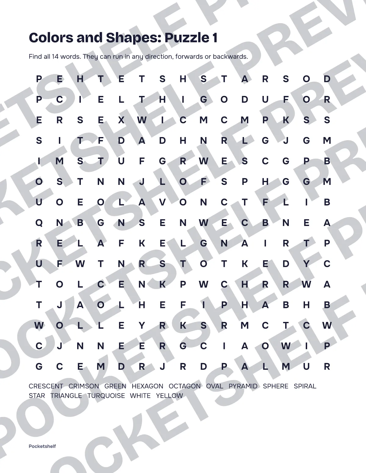 Word search puzzle 1 about colors and shapes with a 15 by 15 letter grid