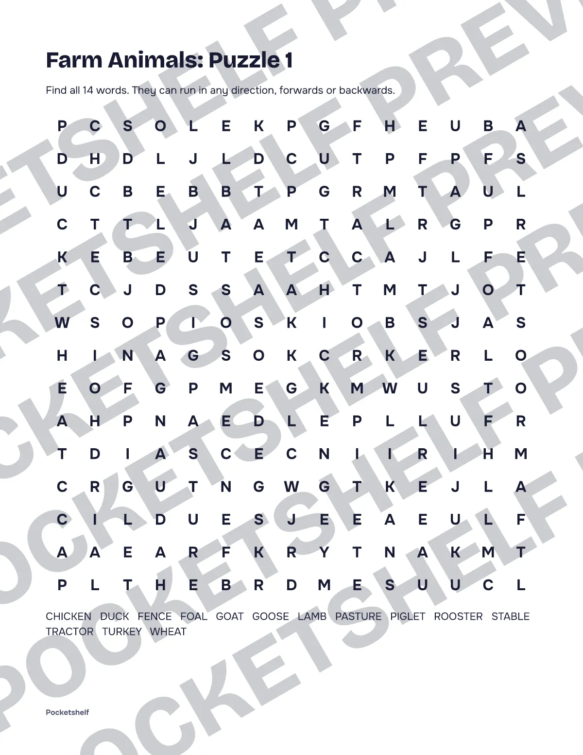 Word search puzzle 1 about animals on a farm with a 15 by 15 letter grid