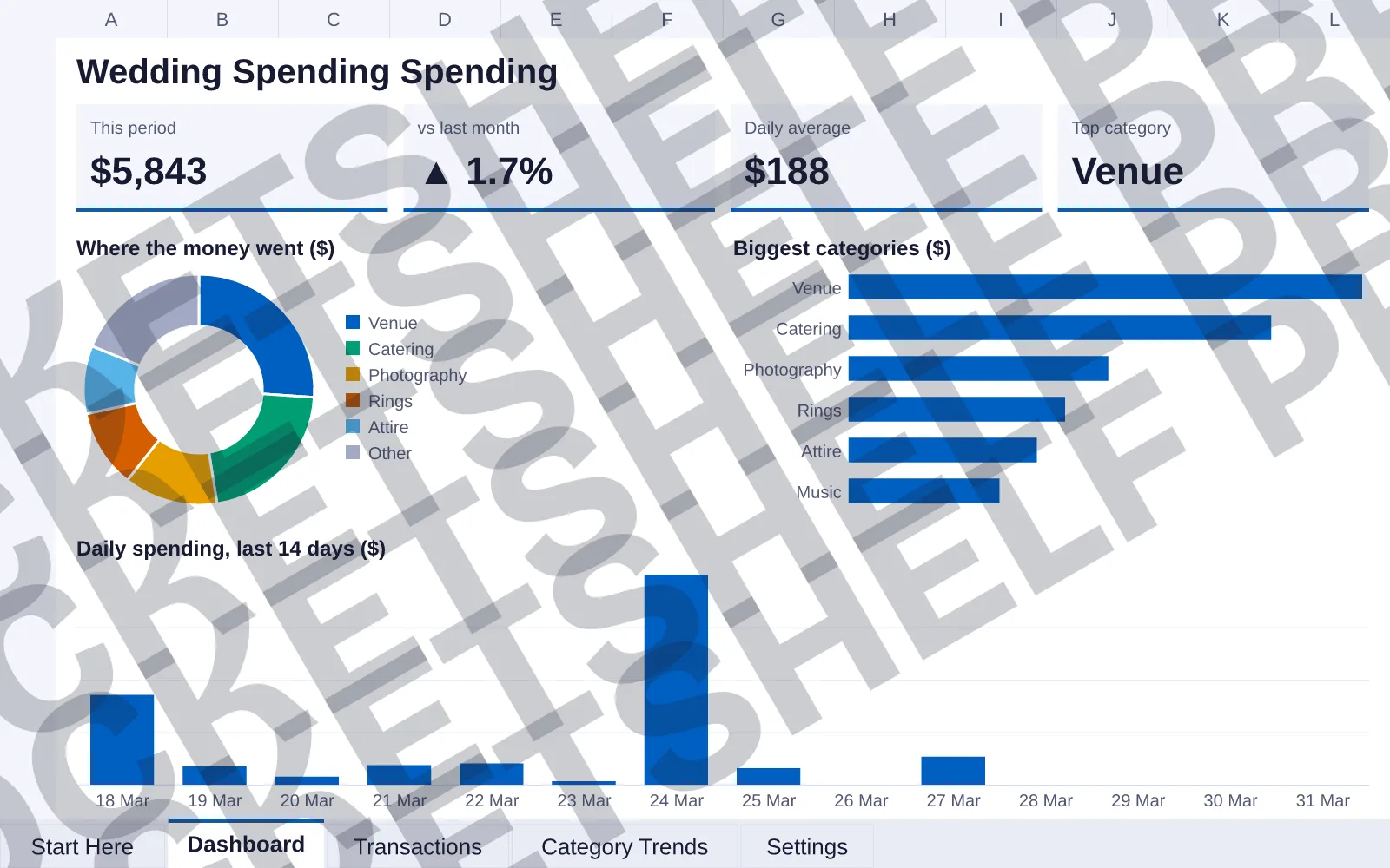 Dashboard tab: This period $5,843, vs last month ▲ 1.7%, Daily average $188, Top category Venue; doughnut chart of Where the money went ($); bar chart of Biggest categories ($); column chart of...