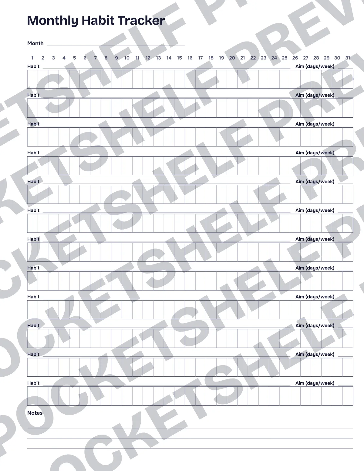 A monthly habit grid with twelve habit rows, days 1 to 31 and a notes strip