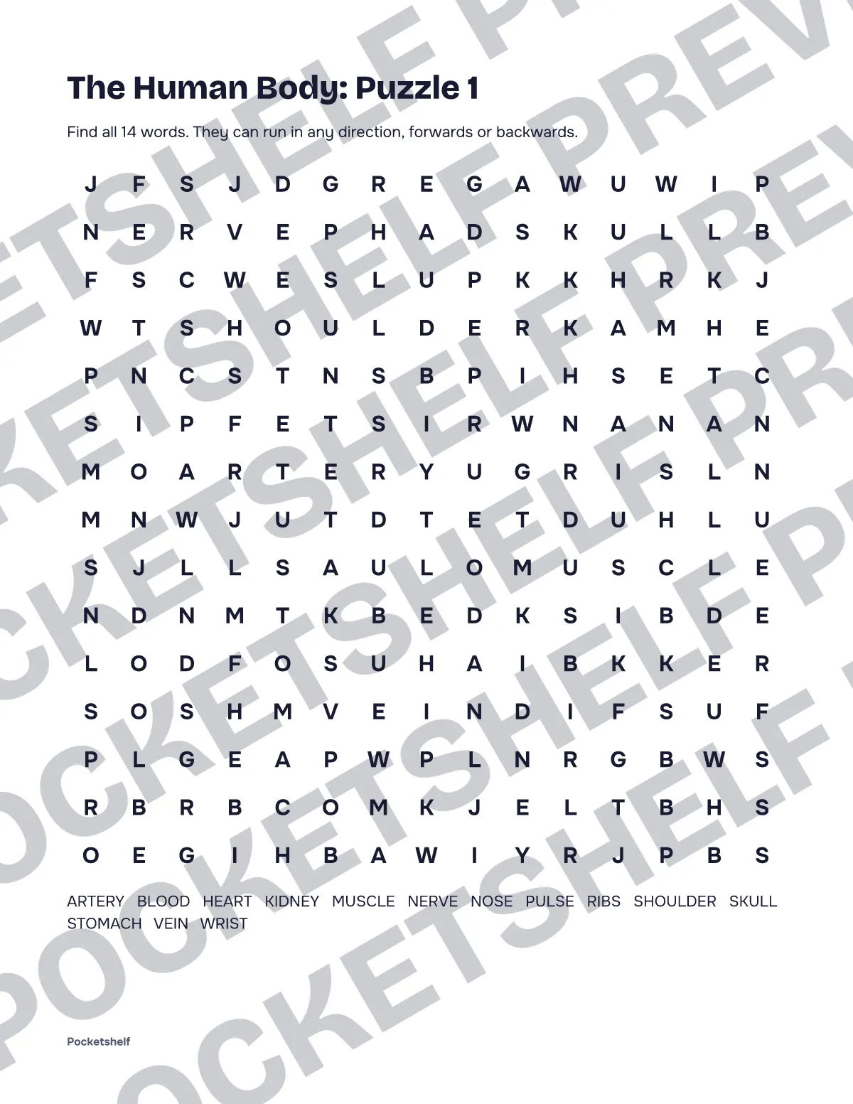 Word search puzzle 1 about the human body with a 15 by 15 letter grid