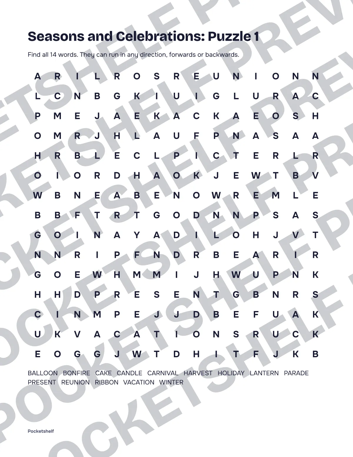 Word search puzzle 1 about seasons and celebrations with a 15 by 15 letter grid
