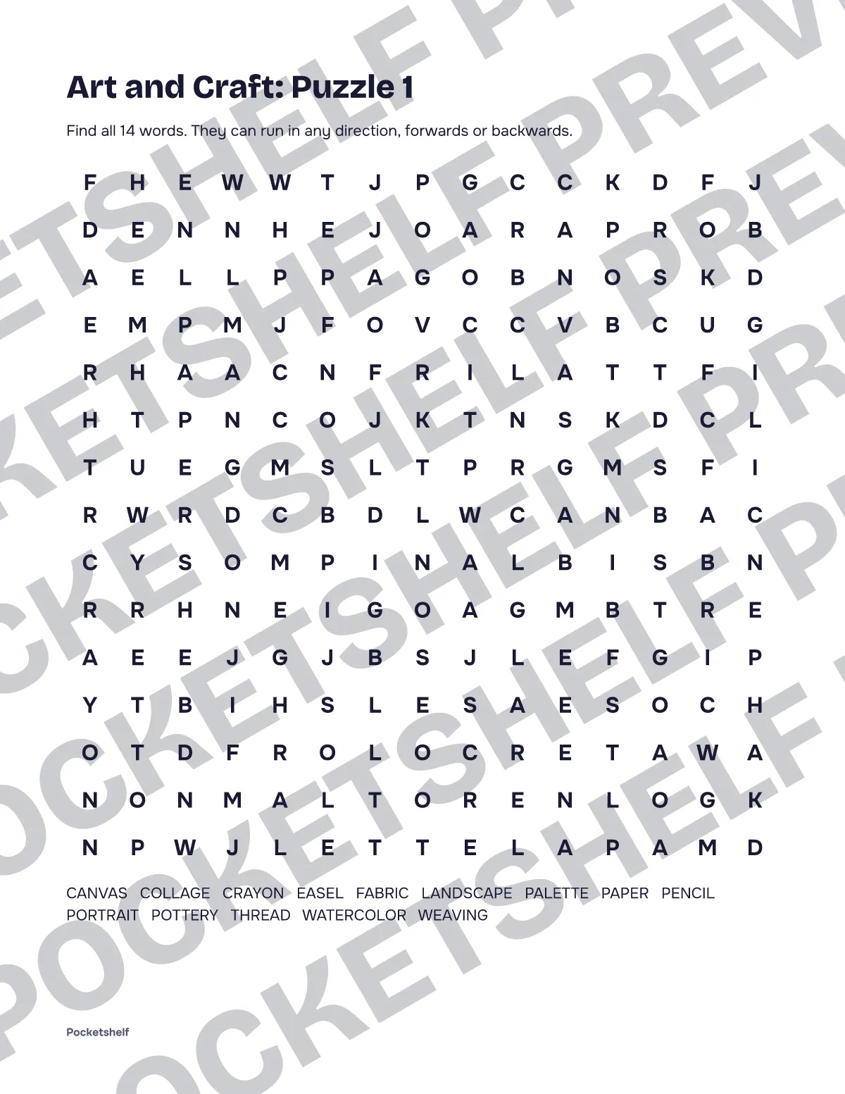 Word search puzzle 1 about art and craft with a 15 by 15 letter grid
