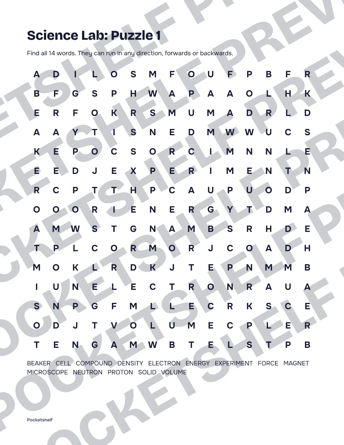Word search puzzle 1 about science with a 15 by 15 letter grid
