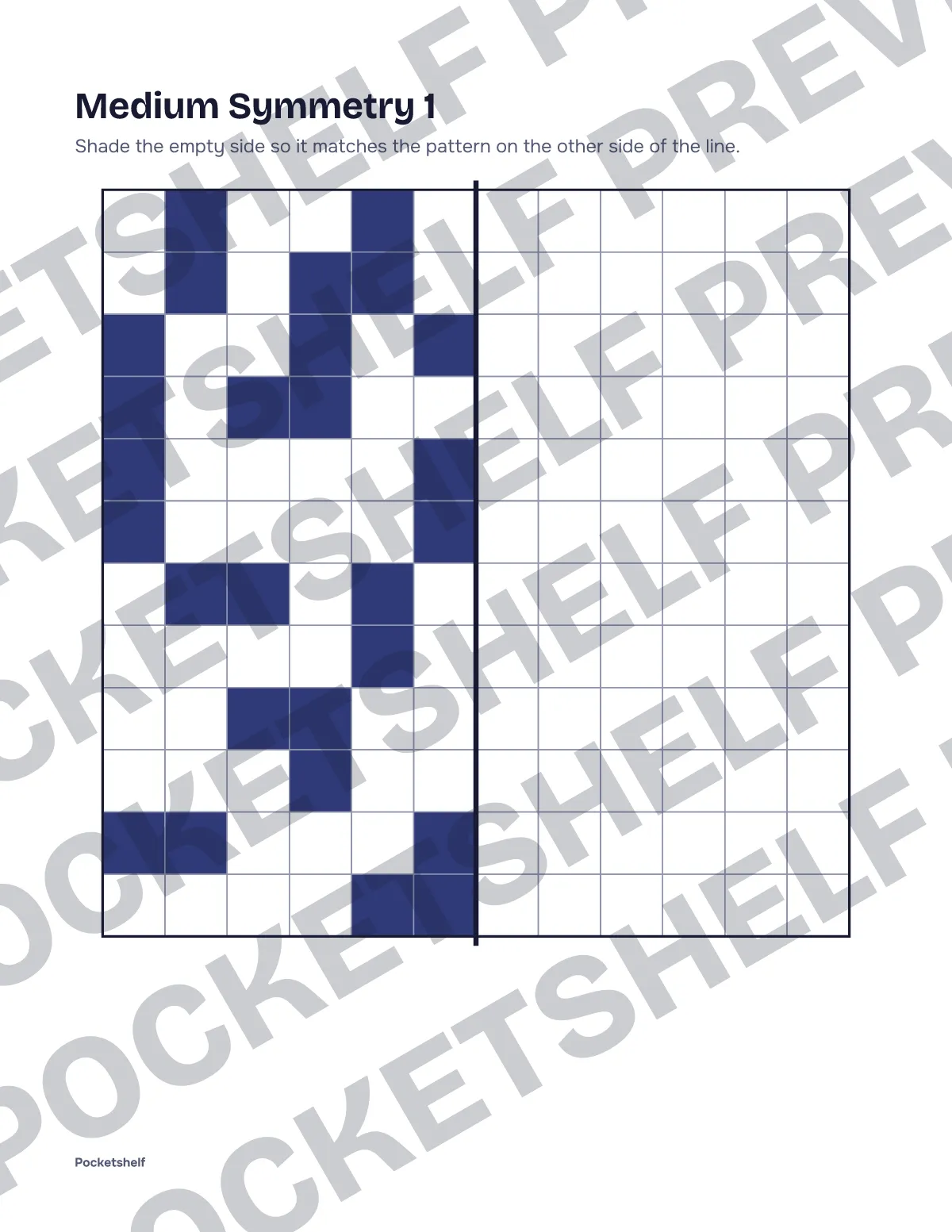 Medium symmetry drawing page number 1 with a 12 by 12 grid and the left half shaded in part