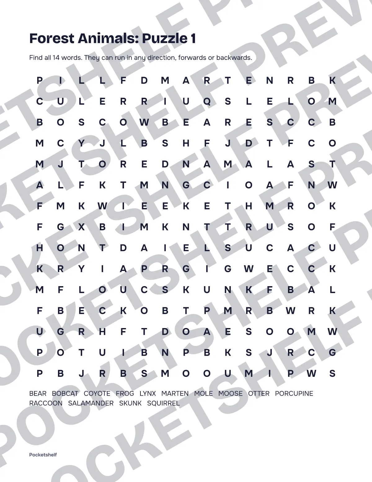 Word search puzzle 1 about forest animals with a 15 by 15 letter grid