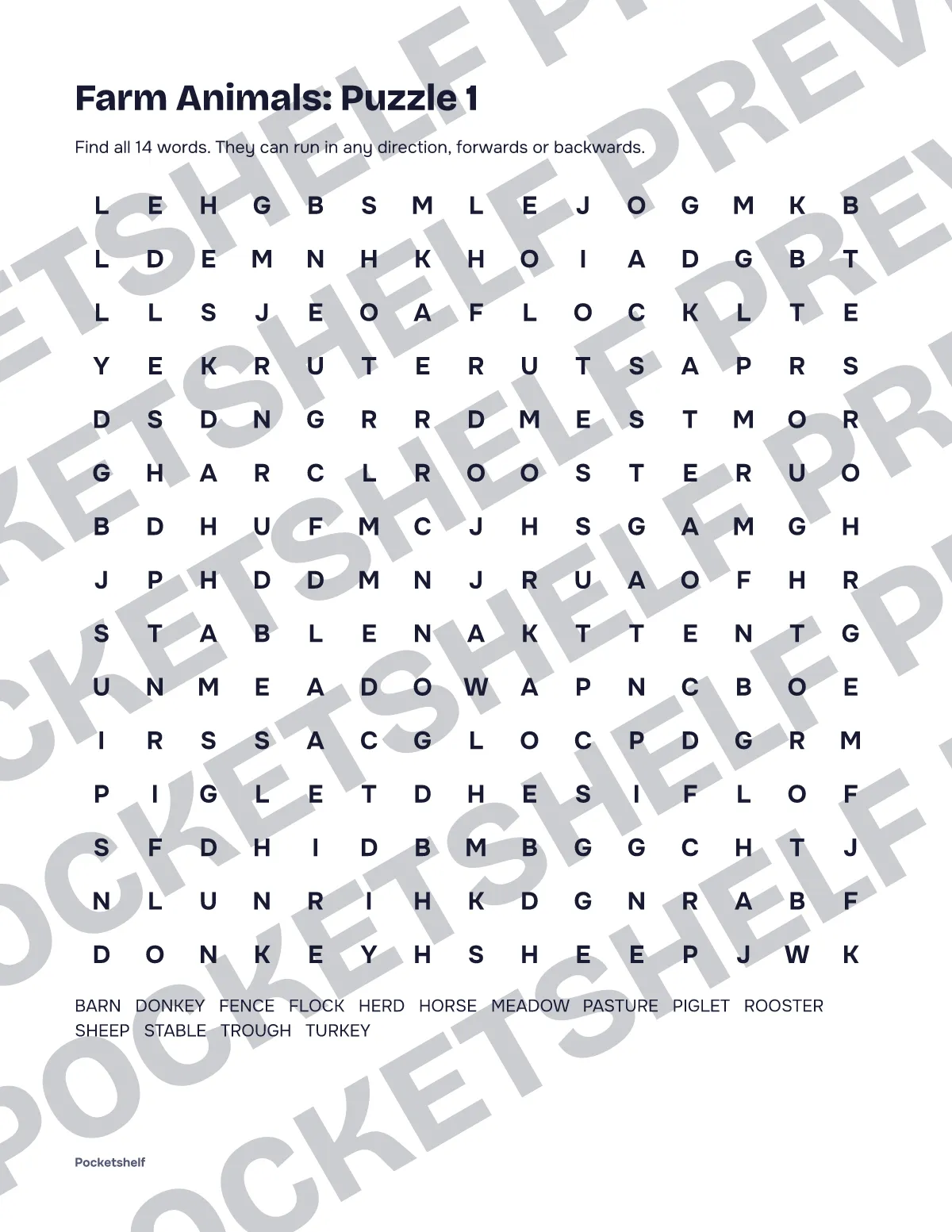 Word search puzzle 1 about animals on a farm with a 15 by 15 letter grid