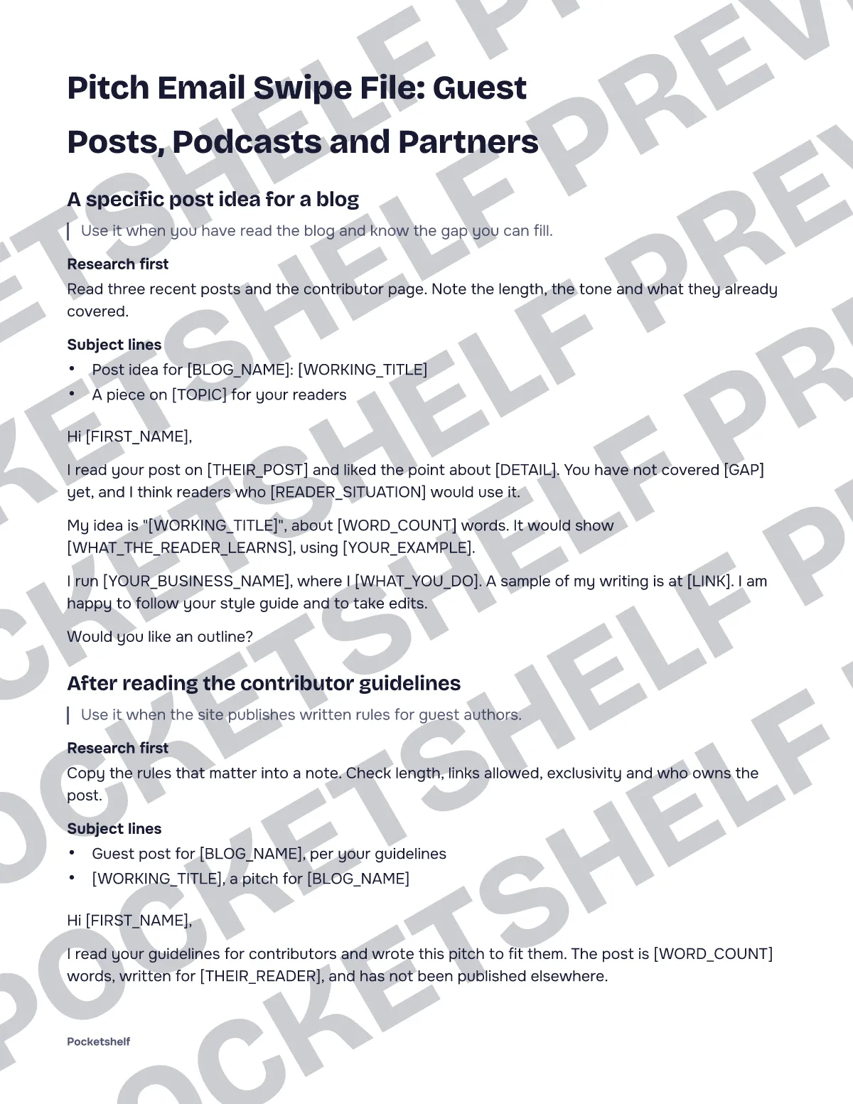Two pitch emails from the swipe file, each with a research-first line, two subject lines and a body with blanks