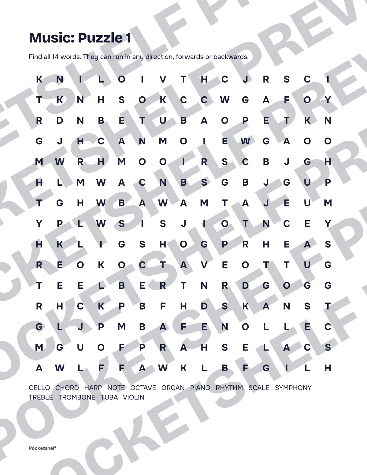 Word search puzzle 1 about music with a 15 by 15 letter grid