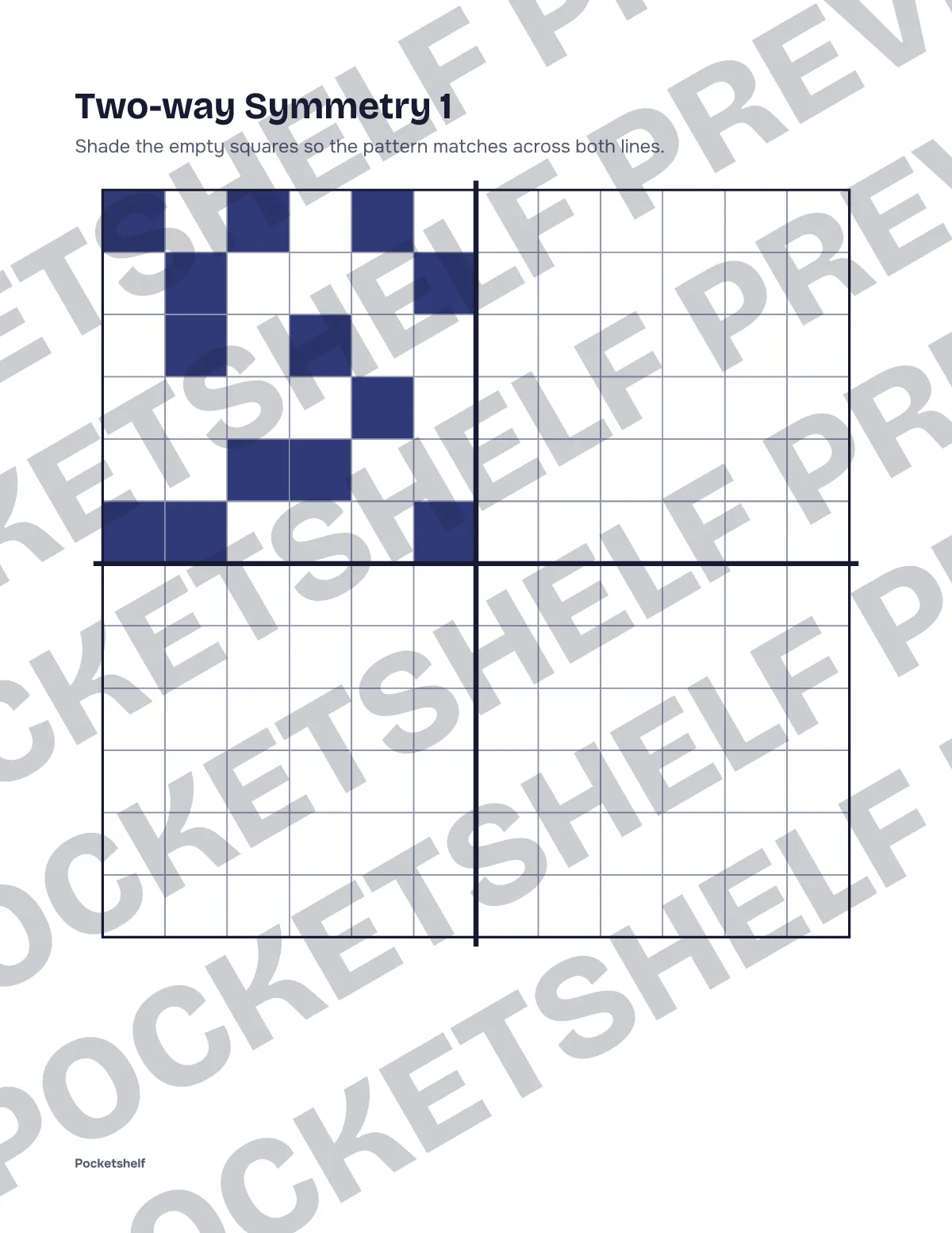 Two-way symmetry drawing page number 1 with a 12 by 12 grid and the top left quarter shaded in part