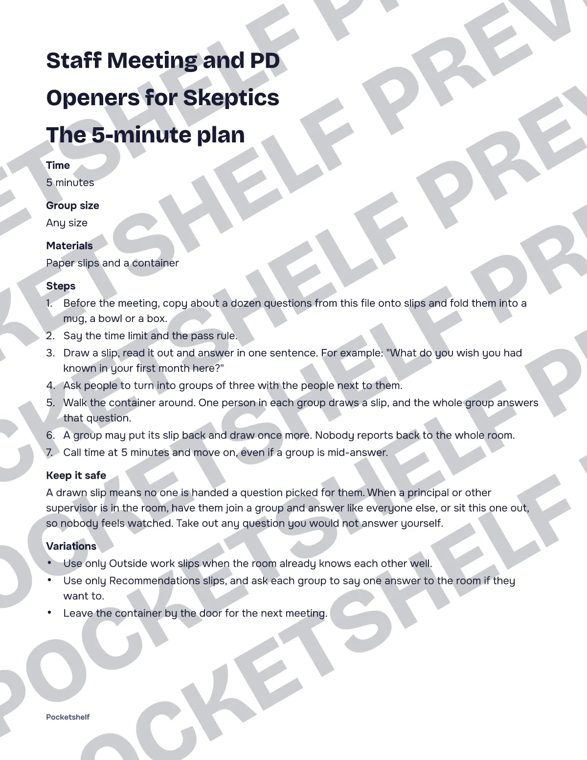 The 5-minute plan page with numbered steps for pairing colleagues and calling time