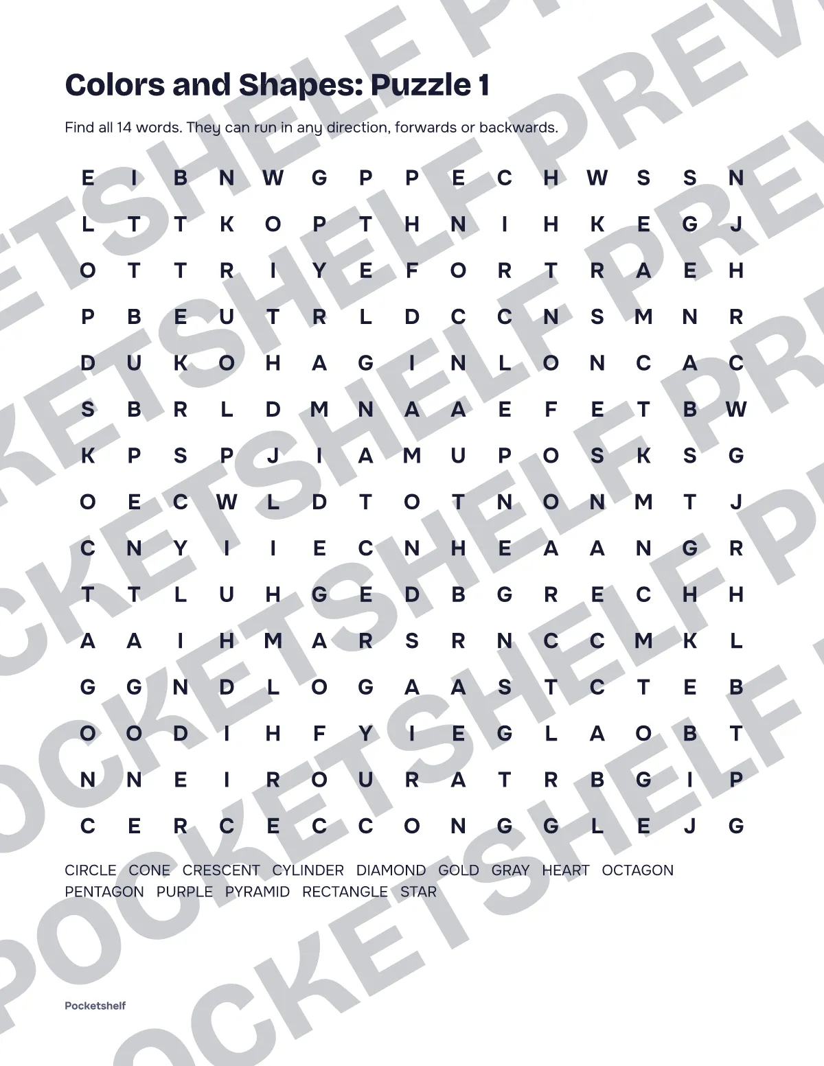 Word search puzzle 1 about colors and shapes with a 15 by 15 letter grid