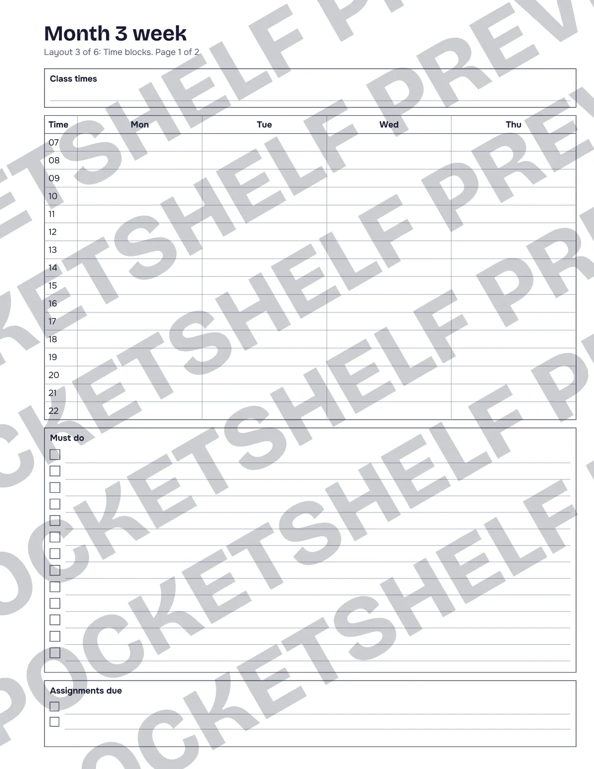 A weekly spread in time blocks with a class times strip, layout 3 of the rotation