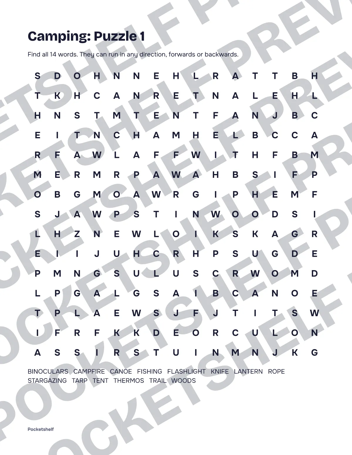Word search puzzle 1 about camping trips with a 15 by 15 letter grid