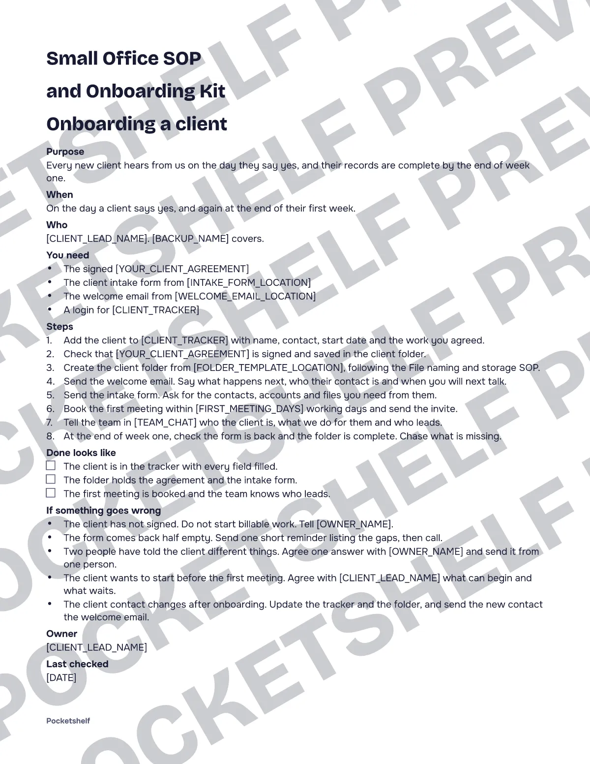 Small office SOP kit page showing a client onboarding procedure with numbered steps